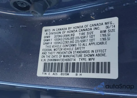 2014 Honda Cr-V Ex-L z USA, uszkodzony, nr VIN 2HKRM4H73EH690714